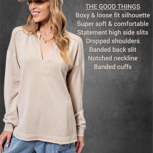 EASEL "All Good Things" Loose & Soft Mineral Washed Top V-Neck Side & Back Slits - Picture 7 of 13